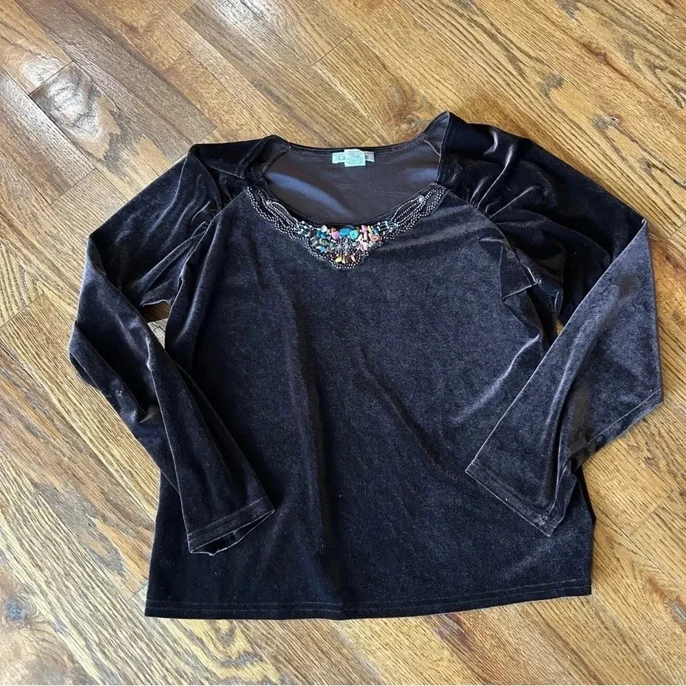Vintage Carol Rose Size XL Chocolate Brown Velvet Beaded Neckline Sweater